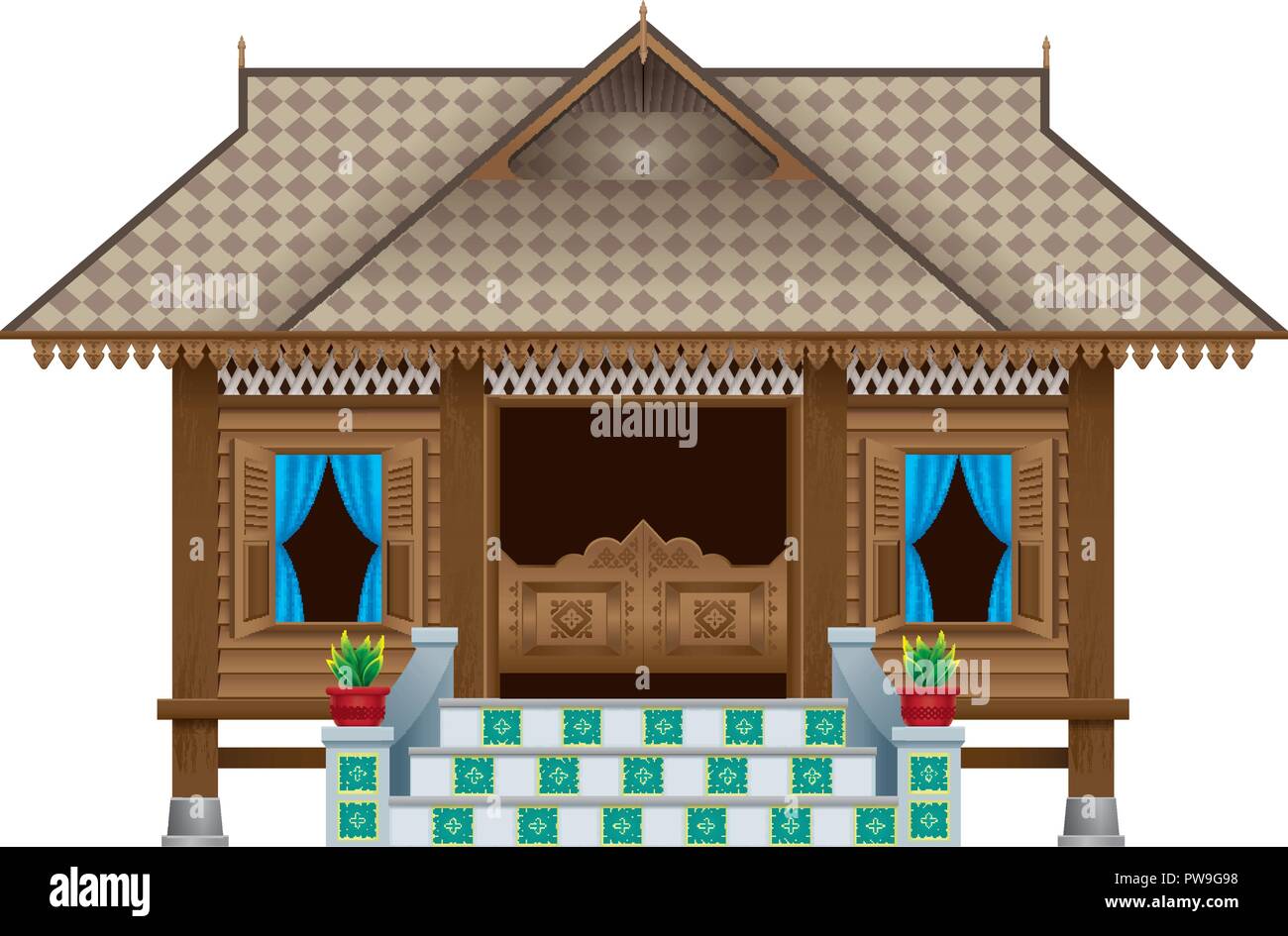 A beautiful traditional wooden Malay style village house. Stock Vector