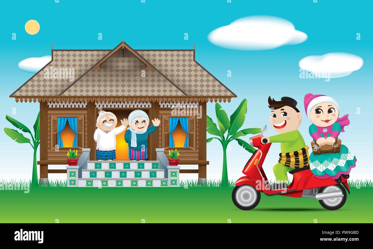 A couple is just arrive their home town, ready to celebrate Raya festival with their parents. With village scene. The words 'Salam Aidilfitri' means h Stock Vector