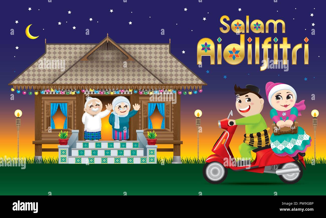 A couple is just arrive their home town, ready to celebrate Raya festival with their parents. With village scene. The words 'Salam Aidilfitri' means h Stock Vector