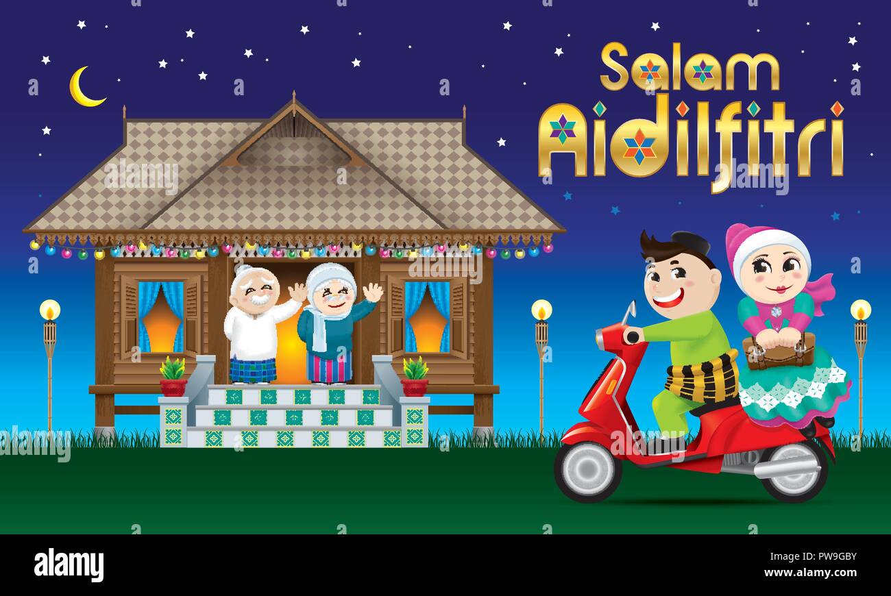 A couple is just arrive their home town, ready to celebrate Raya festival with their parents. With village scene. The words 'Salam Aidilfitri' means h Stock Vector