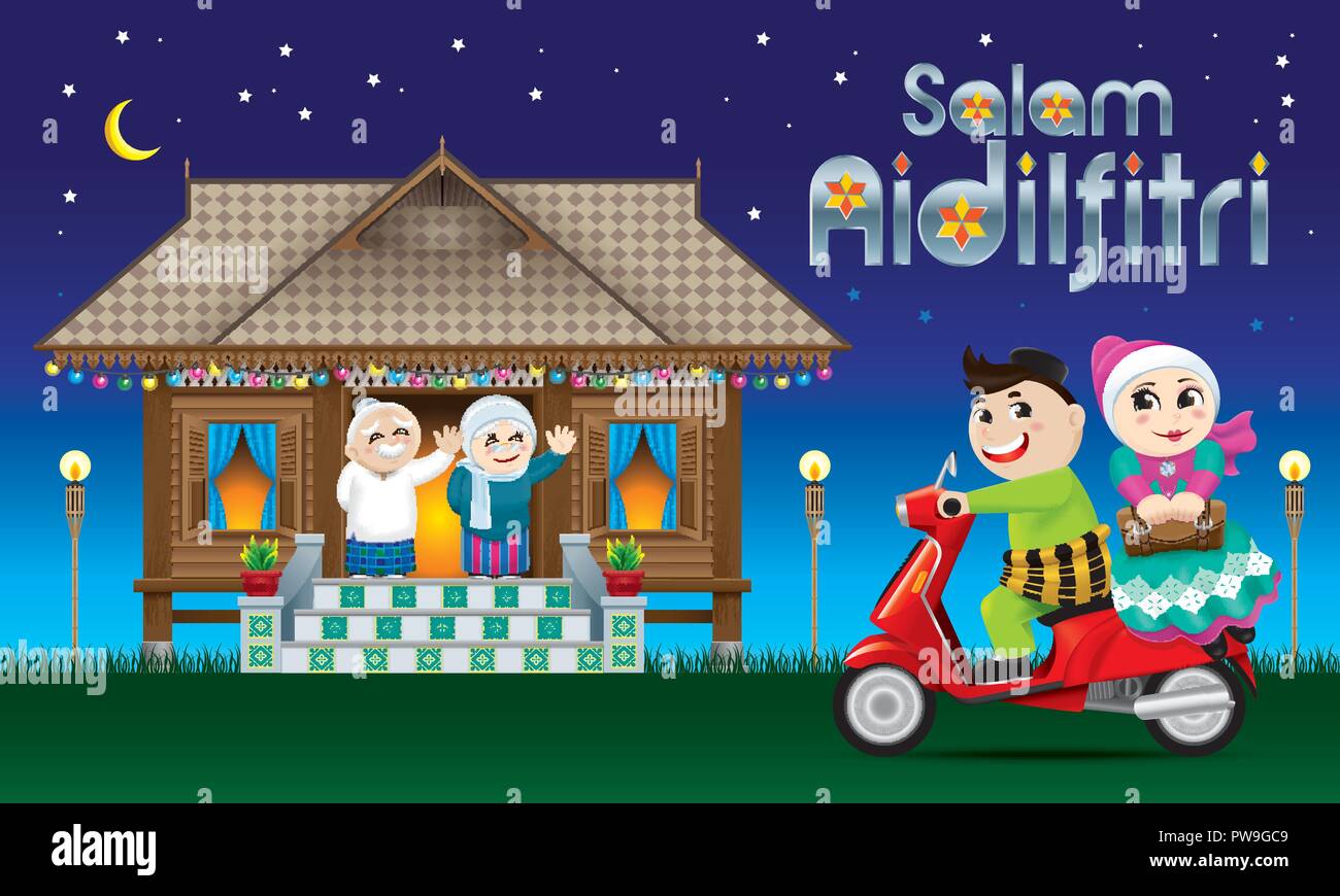 A couple is just arrive their home town, ready to celebrate Raya festival with their parents. With village scene. The words 'Salam Aidilfitri' means h Stock Vector