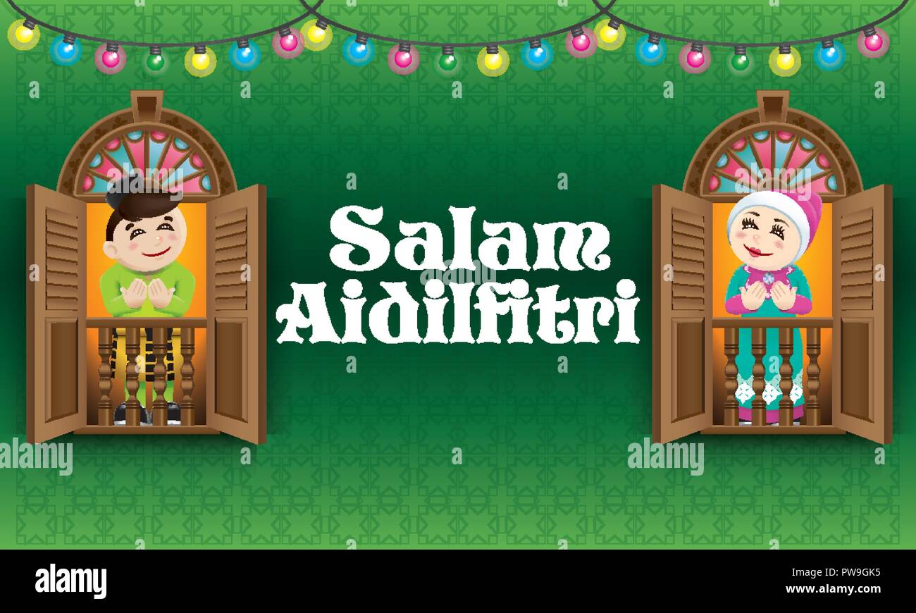 Muslim boy and girl standing on a Malay style window, celebrating Raya