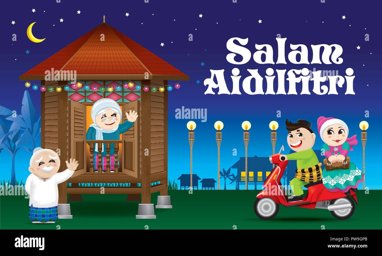 A couple is just arrive their home town, ready to celebrate Raya festival with their parents. With village scene. The words 'Salam Aidilfitri' means h Stock Vector