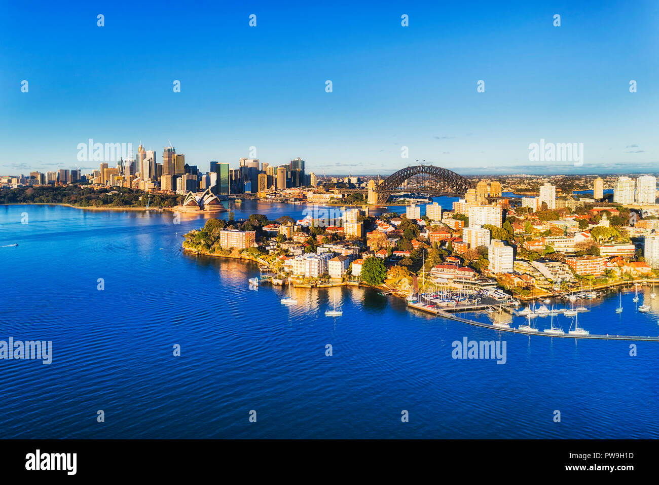 Cityscape of Sydney CBD Landmarks on shores of Sydney Harbour with its clean bluew water and