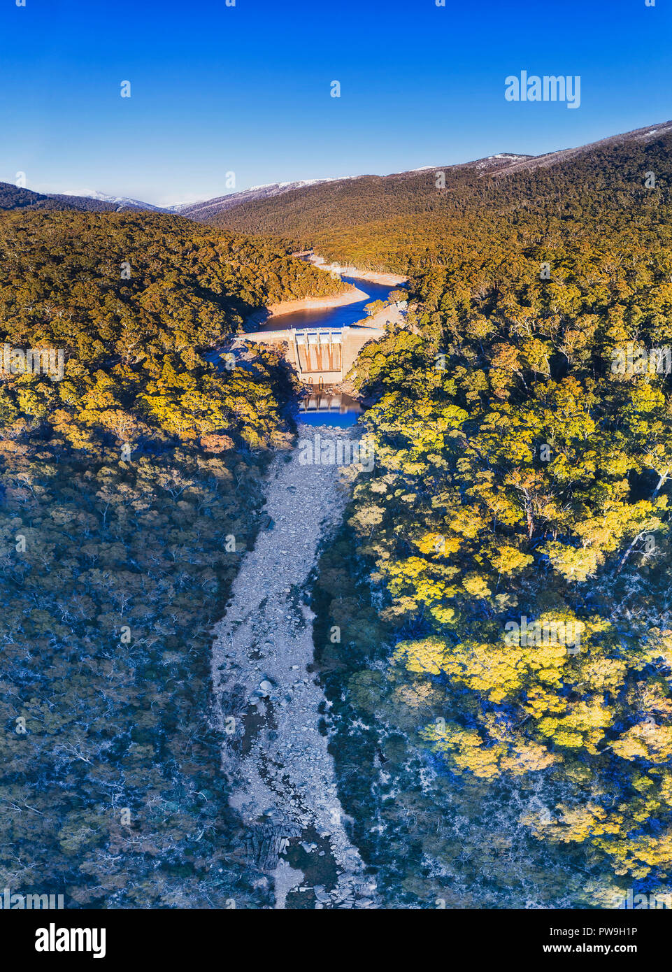 Lush gum-tree woods around Snowy river and Guthega dam in Catchment area of Snowy Hydro energy scheme in Snowy MOuntains of Australia during winter se Stock Photo