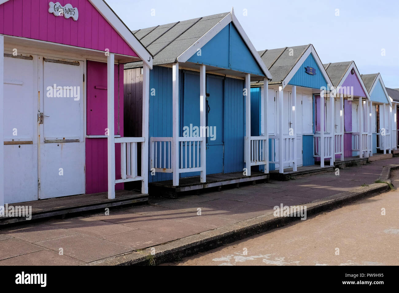 Sutton on Sea, Lincolnshire, UK.  October 07, 2018.  A selected part of a row of beach huts on the Promenade at Sutton on Sea in Lincolnshire, UK. Stock Photo