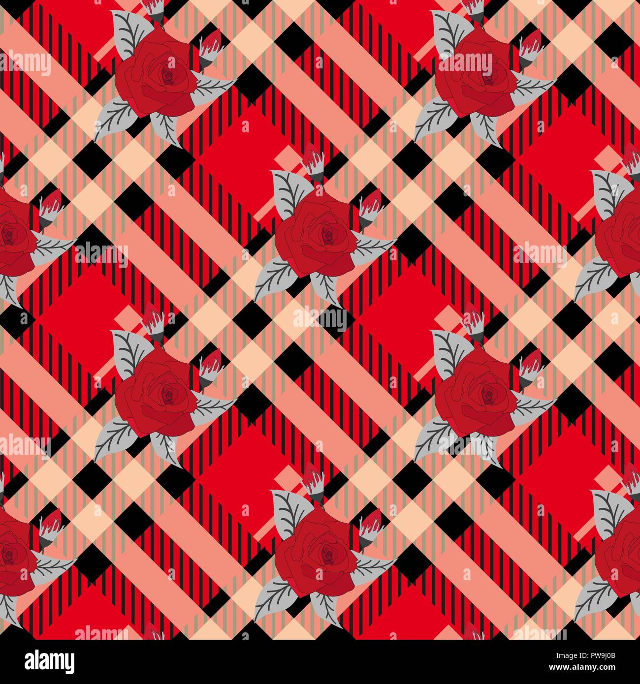 Floral seamless pattern with plaid background. Vector template. eps10 Stock Vector