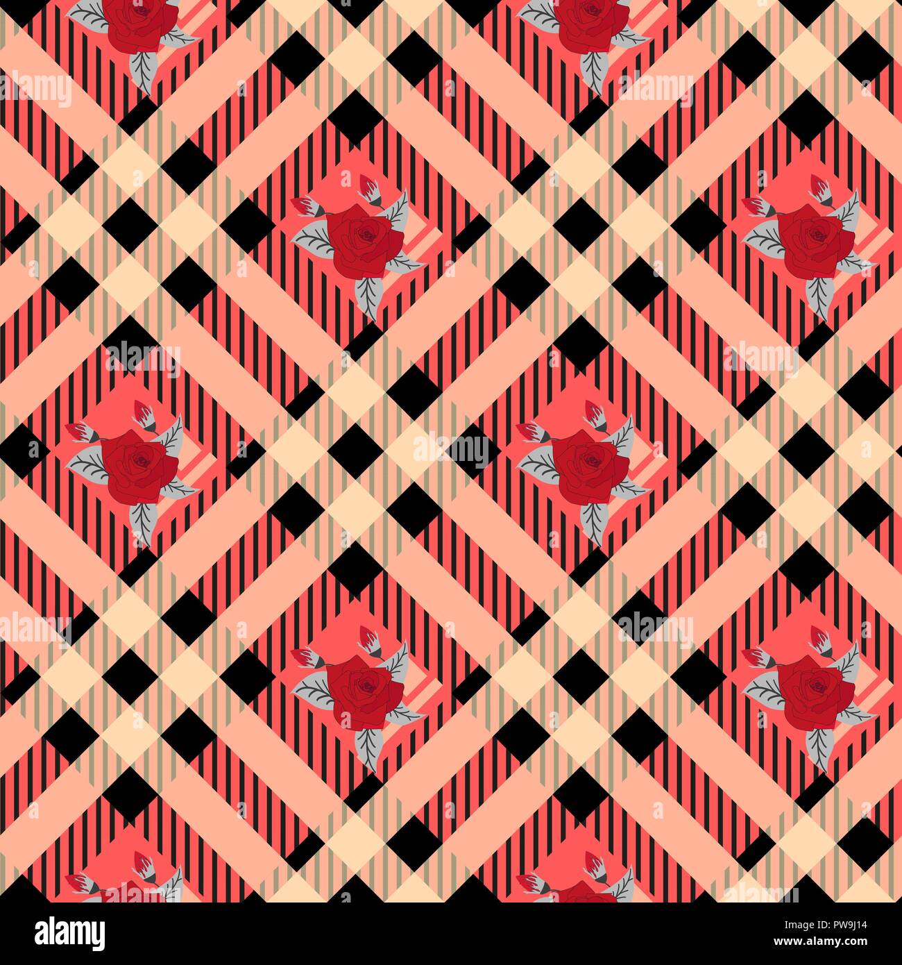 Floral seamless pattern with plaid background. Vector template. eps10 Stock Vector