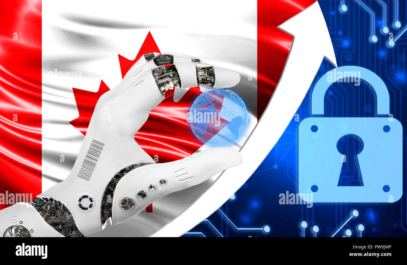 Canada flag along with a blue cryptogram and an up arrow with a lock. This  concept shows an increased level of cyber security of cryptocurrencies and  Stock Photo - Alamy