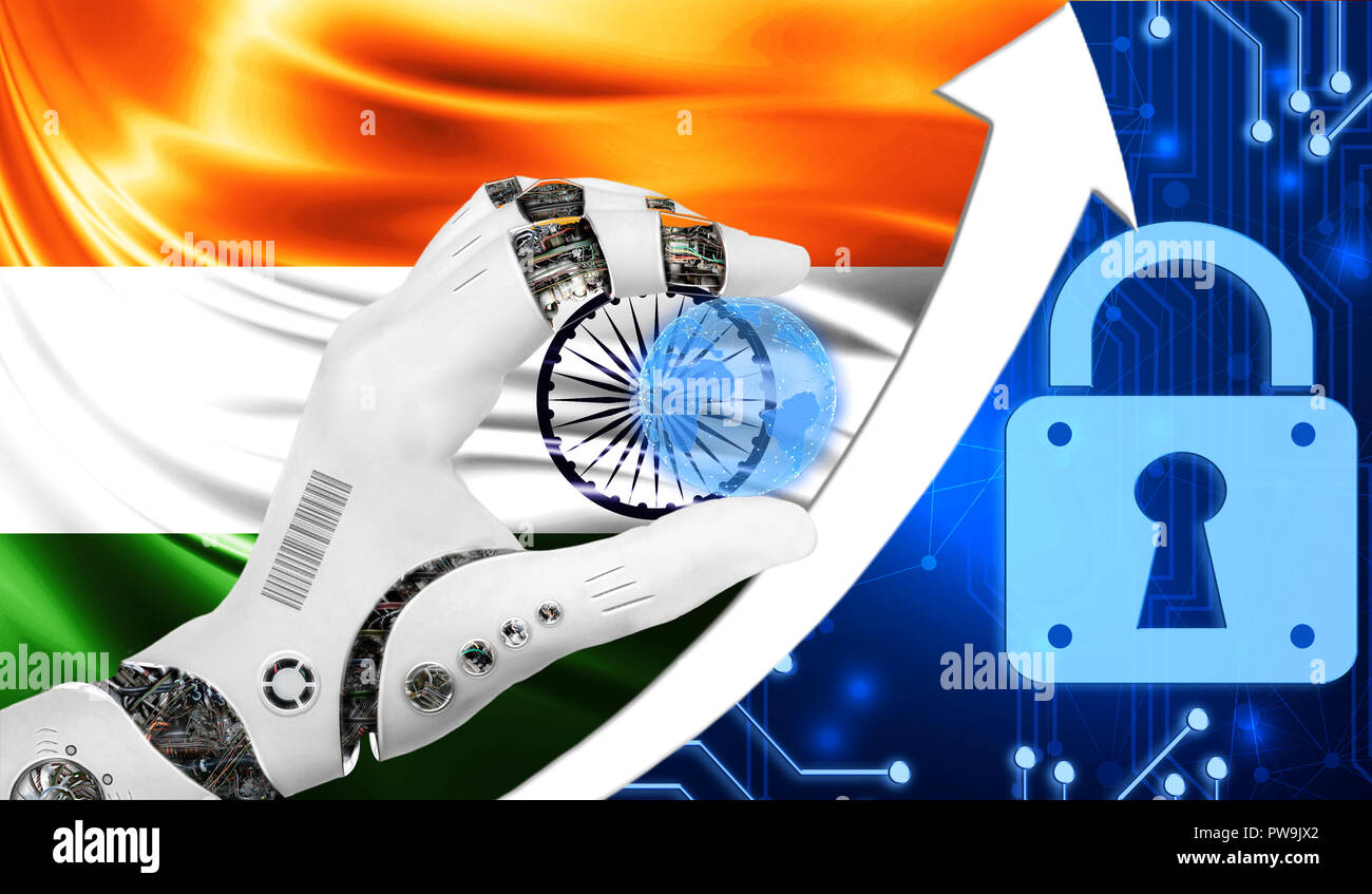 India flag along with a blue cryptogram and an up arrow with a lock ...