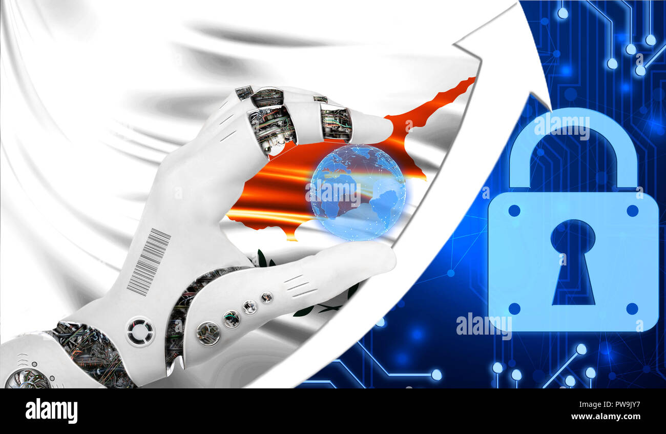 Cyprus flag along with a blue cryptogram and an up arrow with a lock