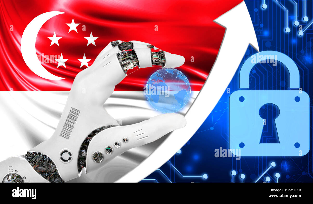 Singapore flag along with a blue cryptogram and an up arrow with a lock.  This concept shows an increased level of cyber security of cryptocurrencies  a Stock Photo - Alamy