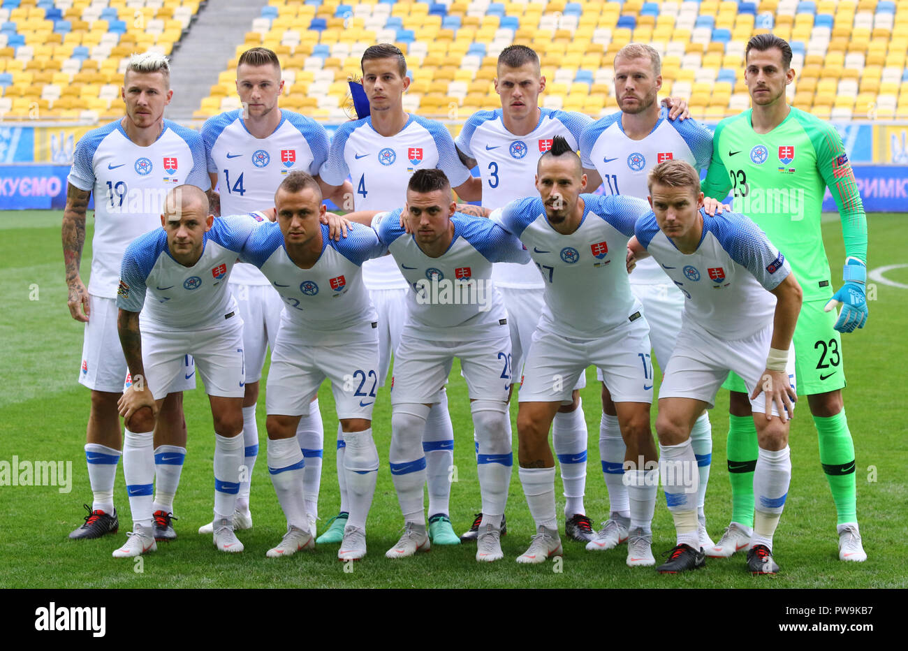 LVIV, UKRAINE - SEPTEMBER 9, 2018: Players of Slovakia National Team pose for a group photo before the UEFA Nations League game Ukraine v Slovakia at  Stock Photo