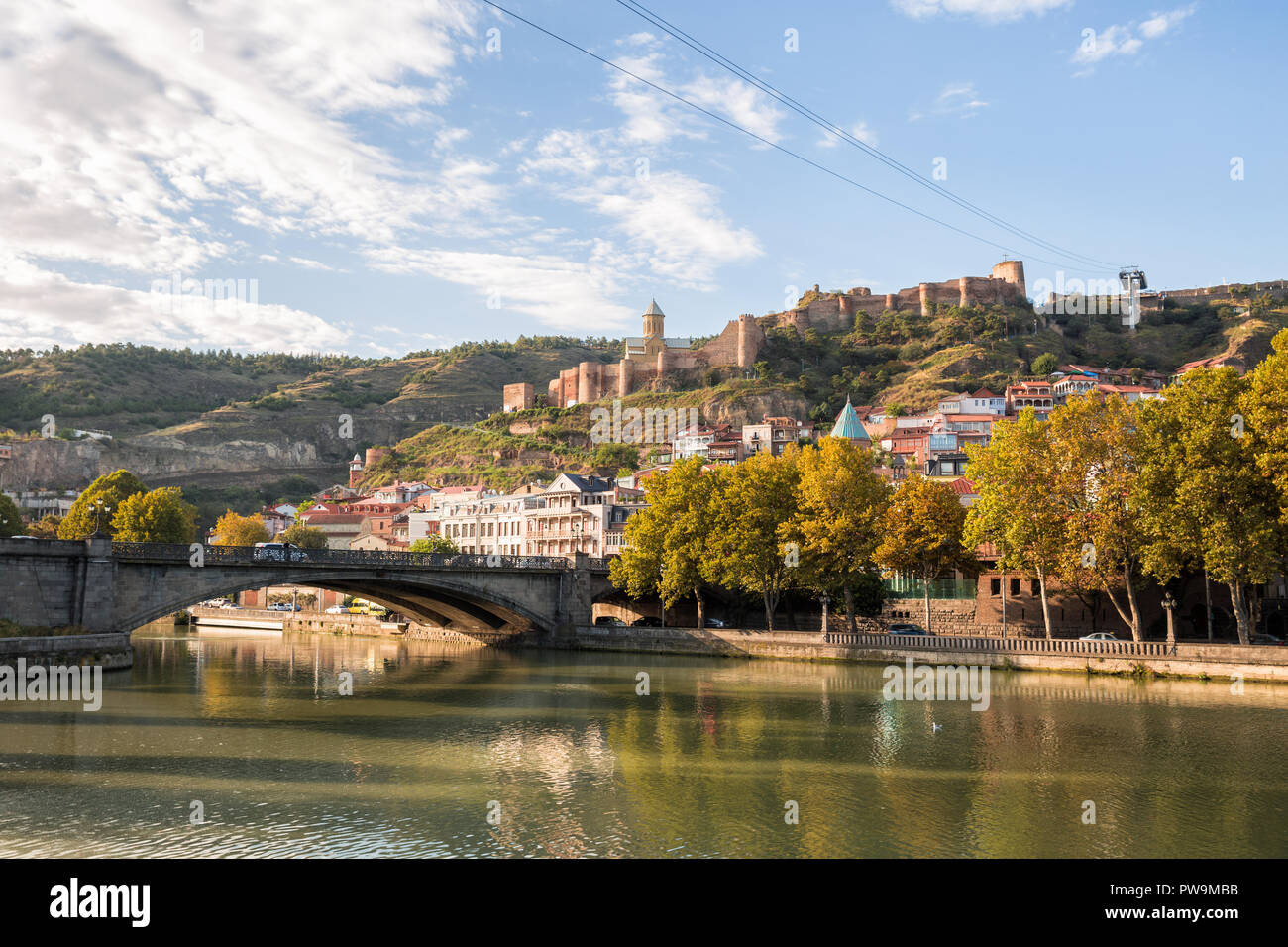 Autumn Tbilisi, view of Narikala fortress and Metekhi bridge Stock Photo