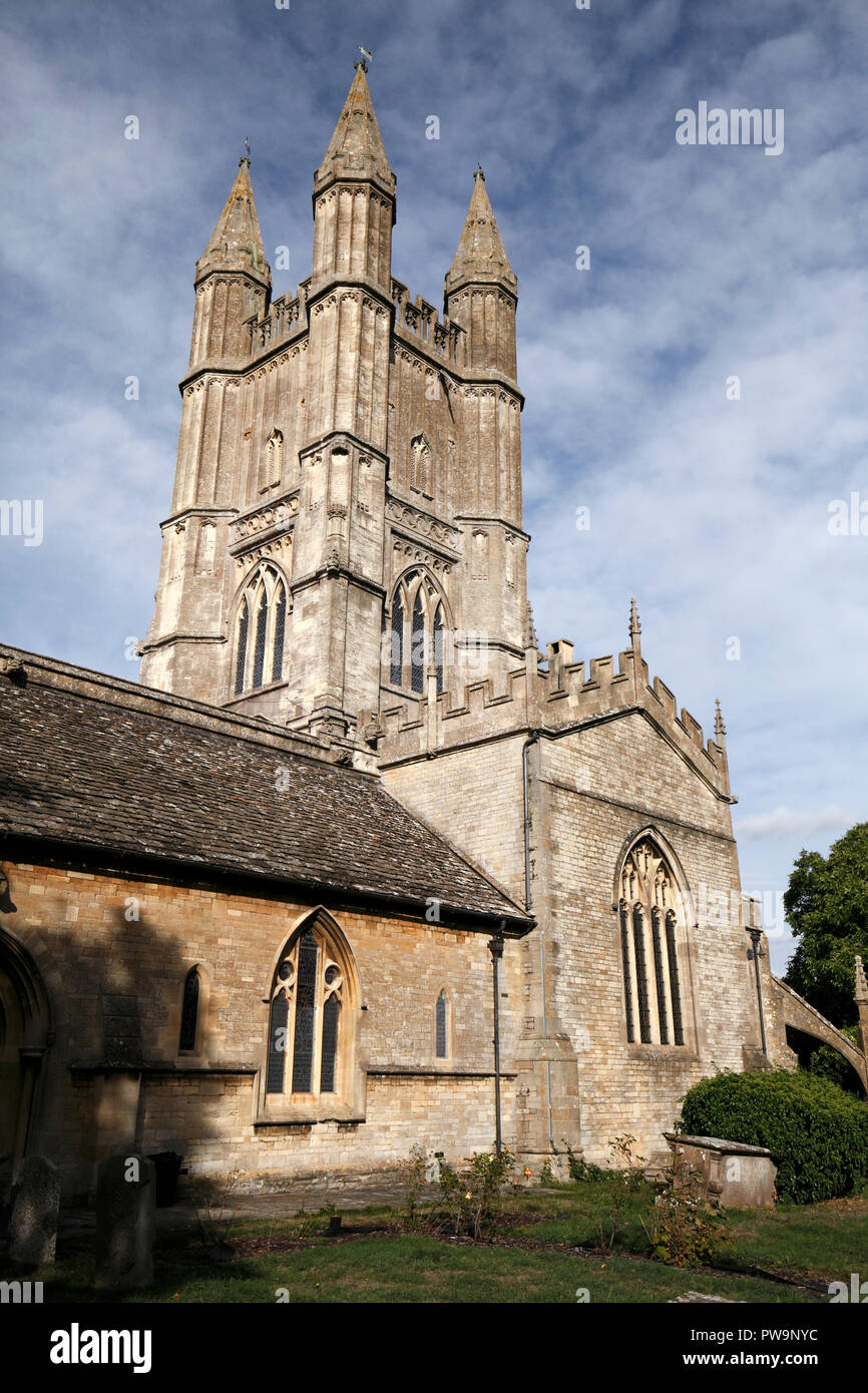Four spired tower of St Sampson Church, Cricklade, Wiltshire, England, UK. The tower leans as it has weak footings. Stock Photo