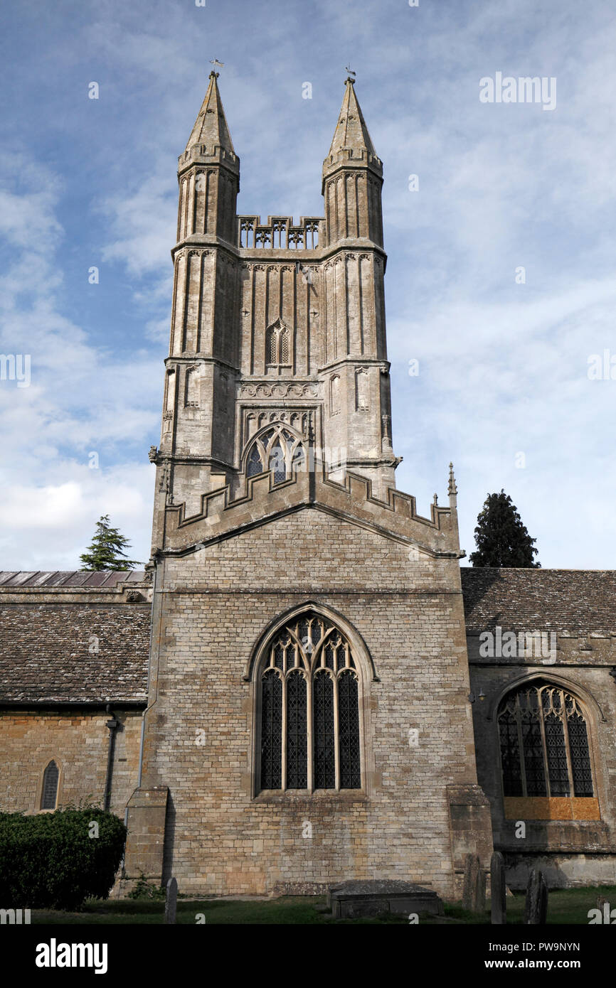 Four spired tower of St Sampson Church, Cricklade, Wiltshire, England, UK. The tower leans as it has weak footings. Stock Photo