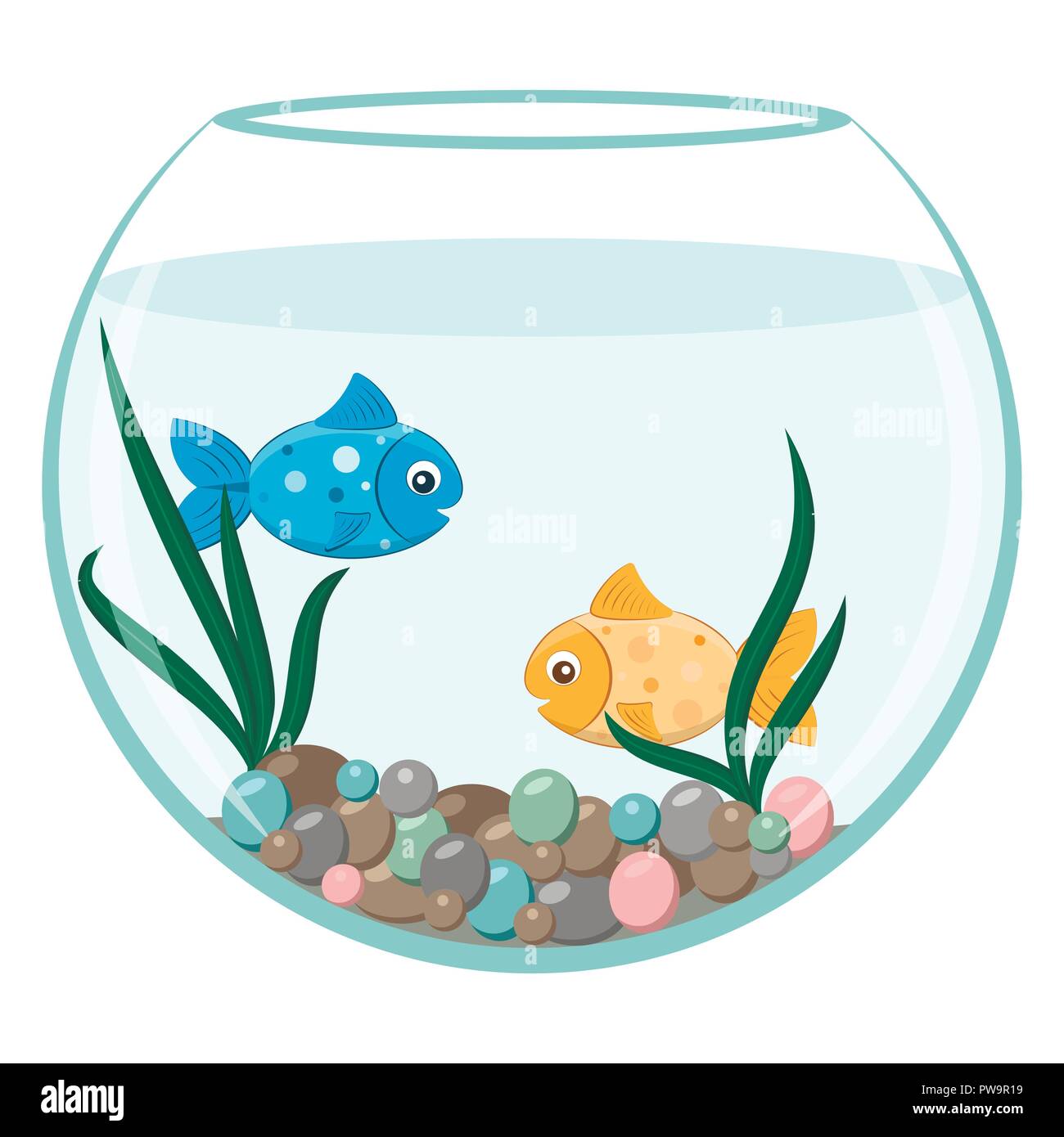 Golden and blue fish in the round aquarium Stock Vector