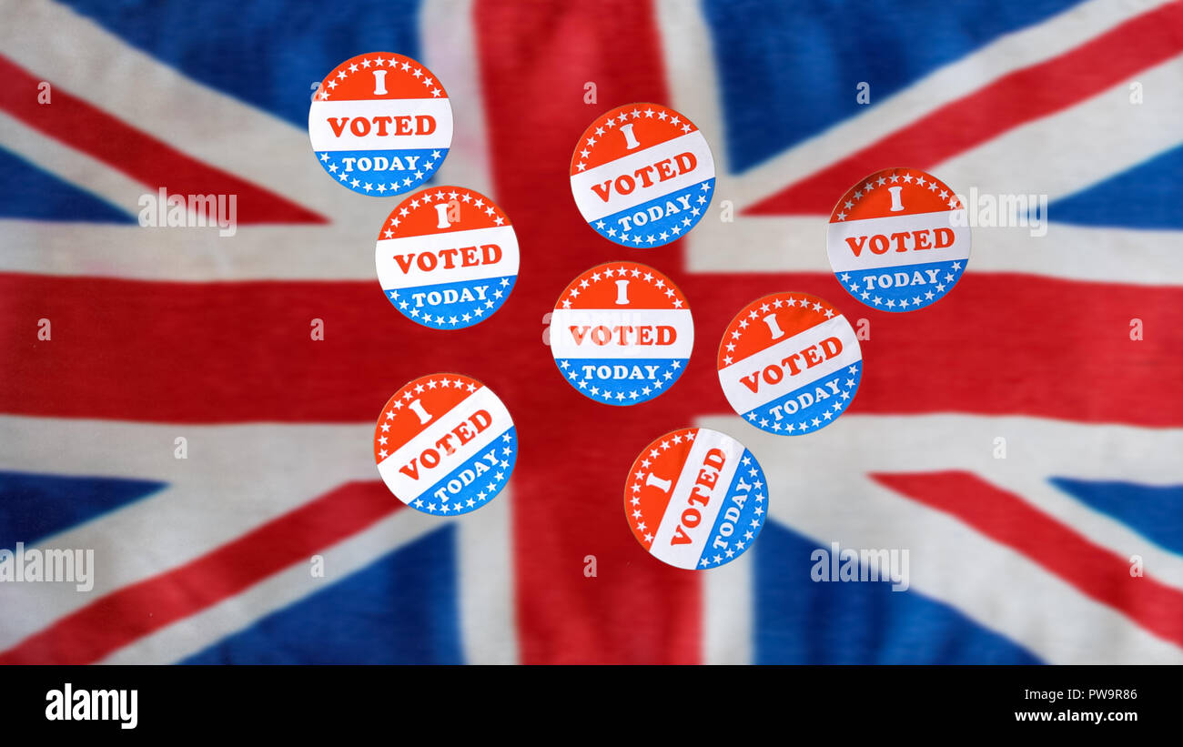 Many I Voted Today paper stickers on UK Flag Stock Photo