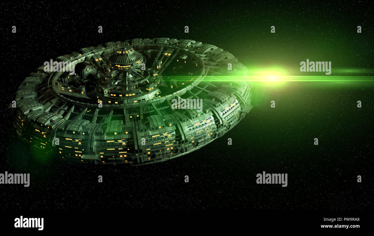 huge space station in outer space lit by a mysterious green light (3d  science fiction illustration Stock Photo - Alamy