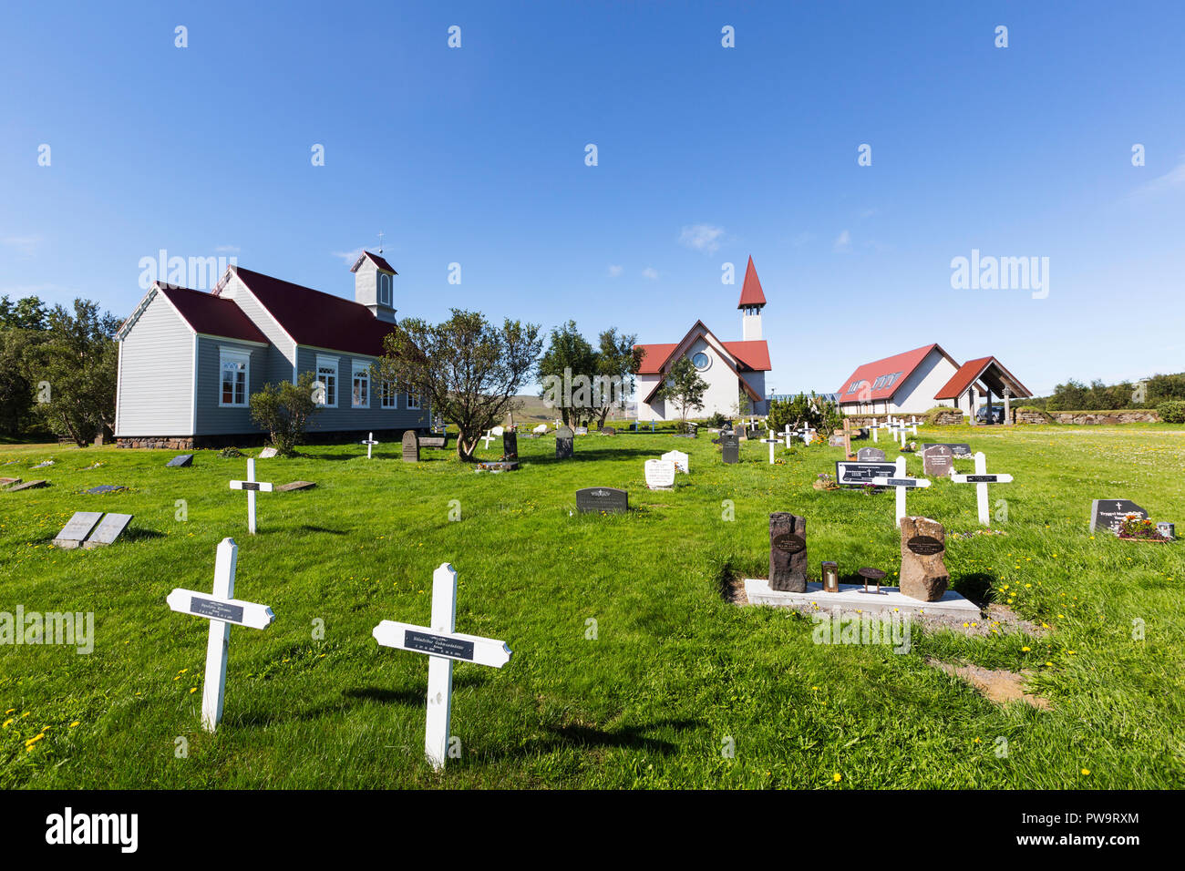 View of the cemetery and Churches of Reykholt, Reykholtkirkja, Iceland Stock Photo