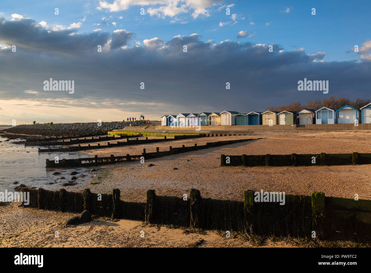 Beach huts and groynes on the shingle beach during pre-sunset dramatic light during Spring at Brightlingsea on the Essex coast, UK. Stock Photo