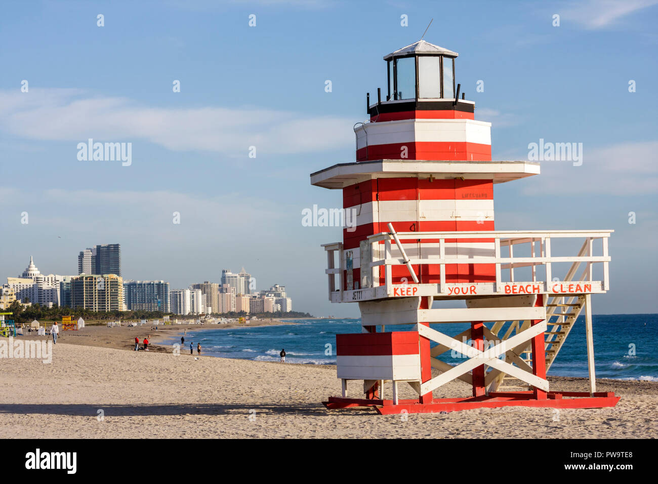 Miami Beach Florida,Atlantic Ocean shore,shoreline,coast,coastline,shoreline,public beach,lifeguard station,hut,water rescue,safety,red,white,lighthou Stock Photo