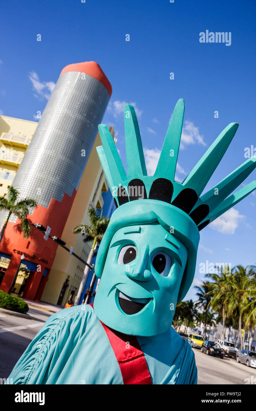 Miami Beach Florida,5th Fifth Street,special,tax service,Statue of Liberty,caricature,cartoon,costume,commercial mascot,special,symbol,glass block tow Stock Photo