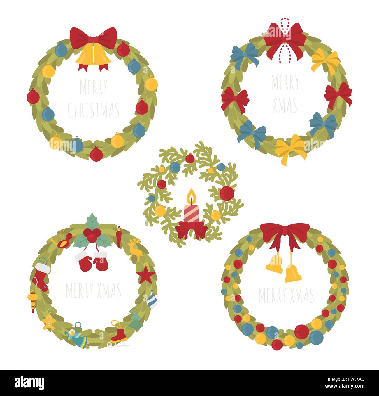 Christmas Wreath Decoration Elements Set For Holiday Greeting Card