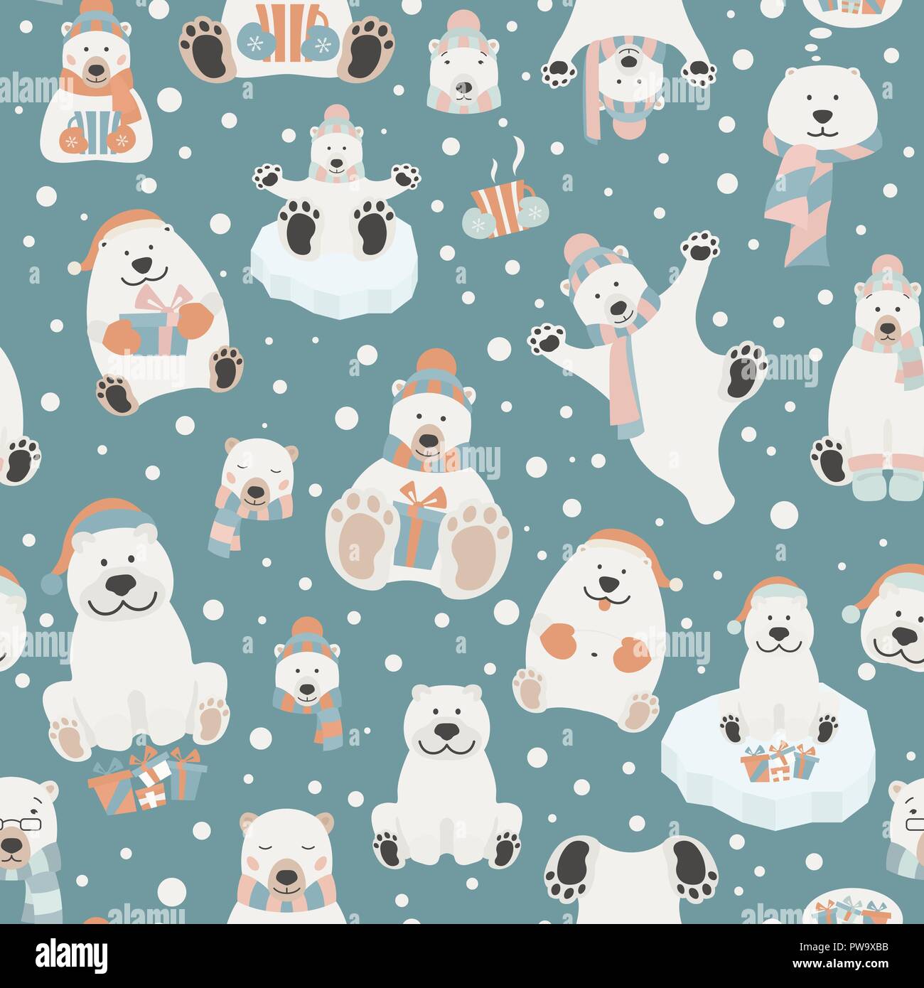 Cute polar bear seamless pattern. Elements for christmas holiday greeting card, poster design. Vector illustration Stock Vector
