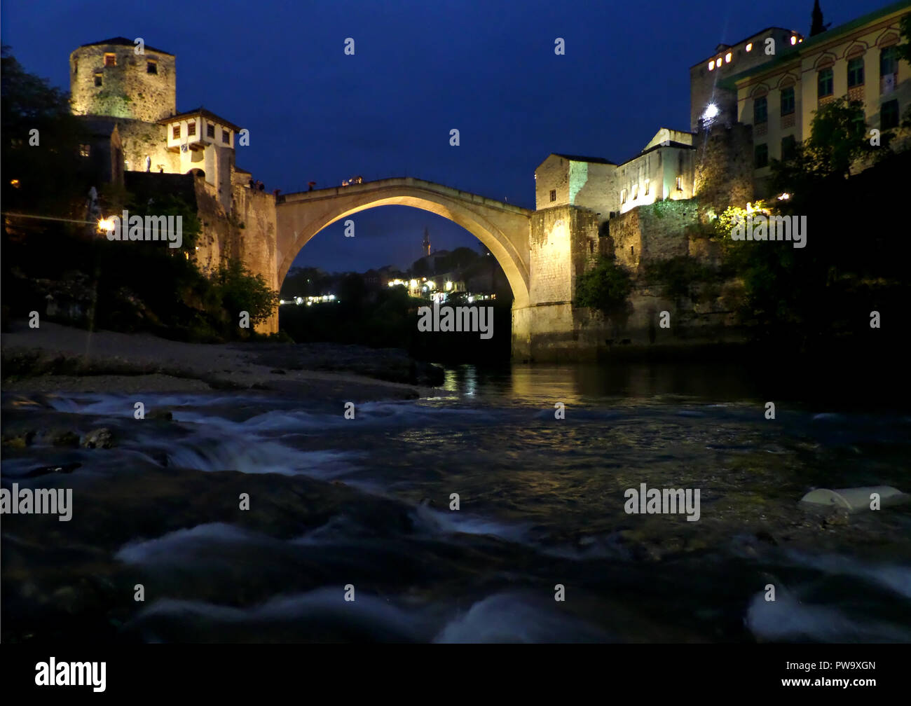 The Old Bridge over the Neretva River at Night, the Historic Town of Mostar, Bosnia and Herzegovina, Balkans, Europe Stock Photo