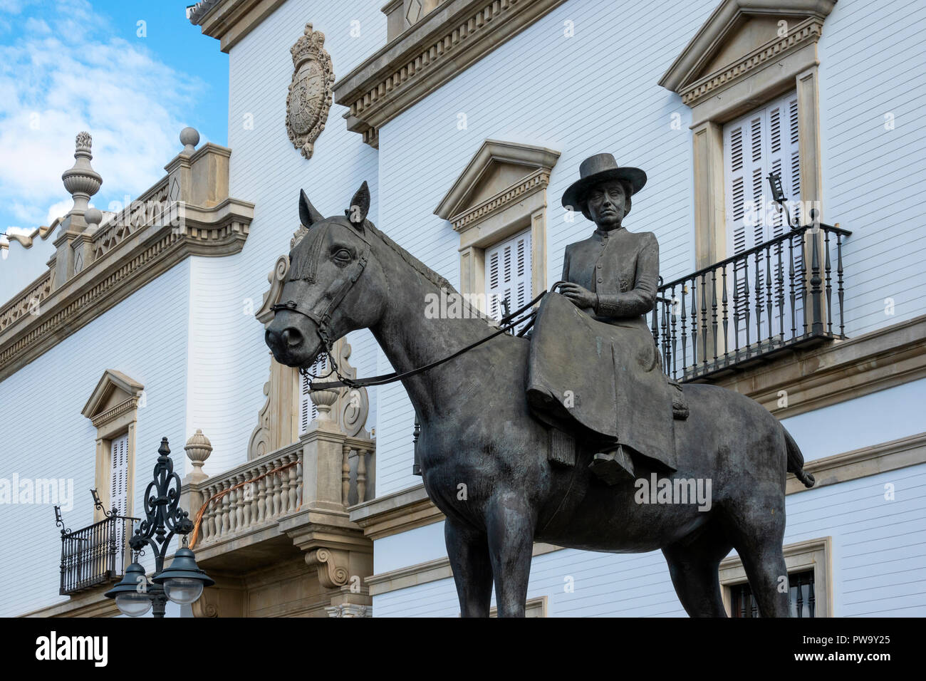 Outside the Seville bullring is this statue of Condesa De Barcelona mounted sidesaddle on a horse. Seville, Andalusia, Spain Stock Photo
