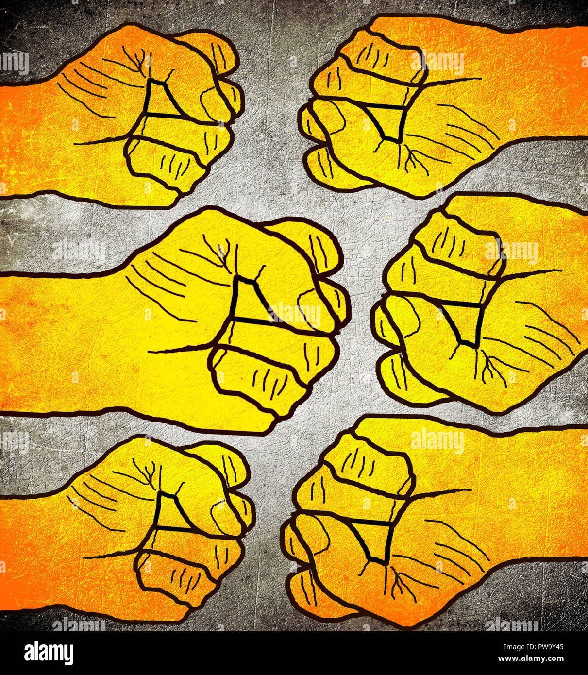 six orange fists conceptual digital illustration Stock Photo