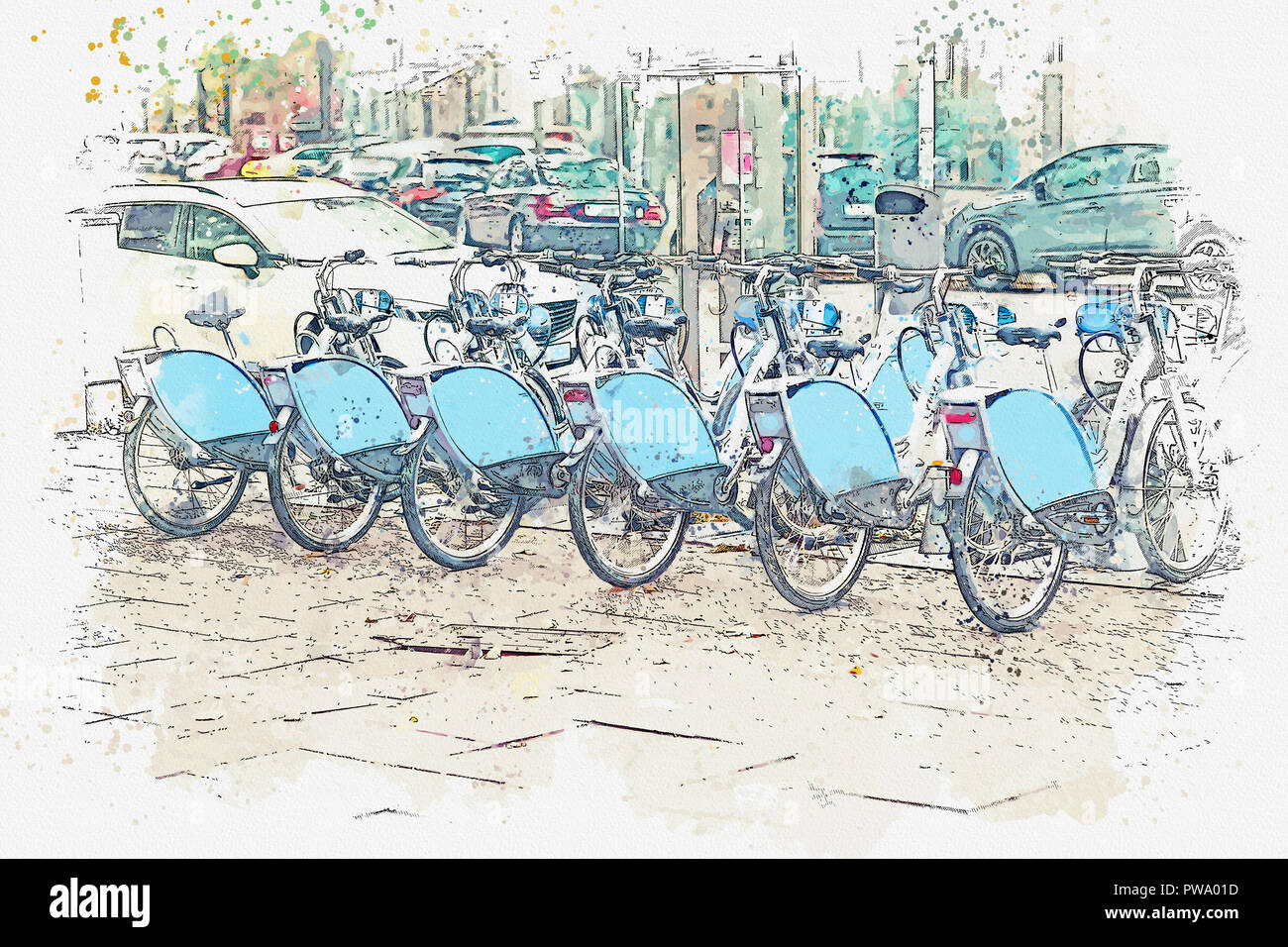 A watercolor sketch or an illustration. Street bike rental in Berlin in