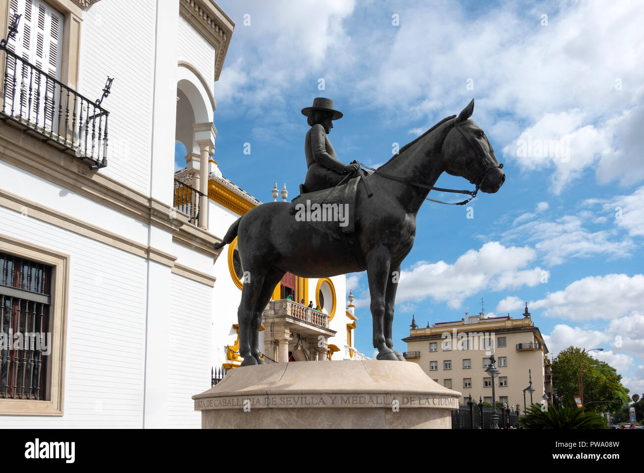 Outside the Seville bullring is this statue of Condesa De Barcelona mounted sidesaddle on a horse. Seville, Andalusia, Spain Stock Photo