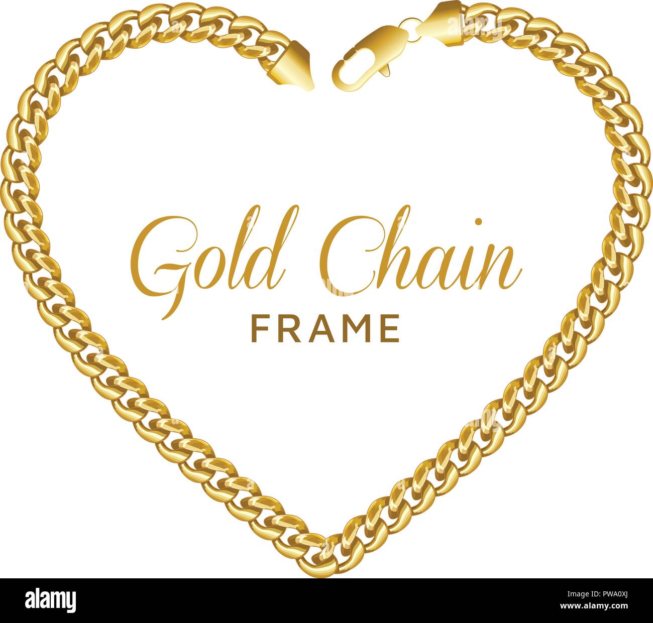 Gold chain heart love border frame. Wreath shape with a lobster. Stock Vector