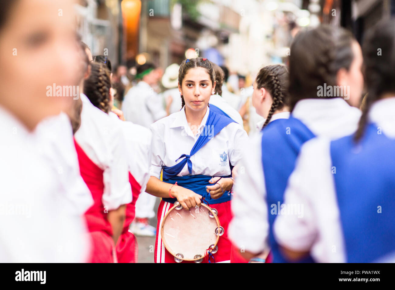 Girls enjoying themselves while performing at the Festa Major in Vilanova i la Geltru', Barcelona, Catalonia. August 2018 Stock Photo