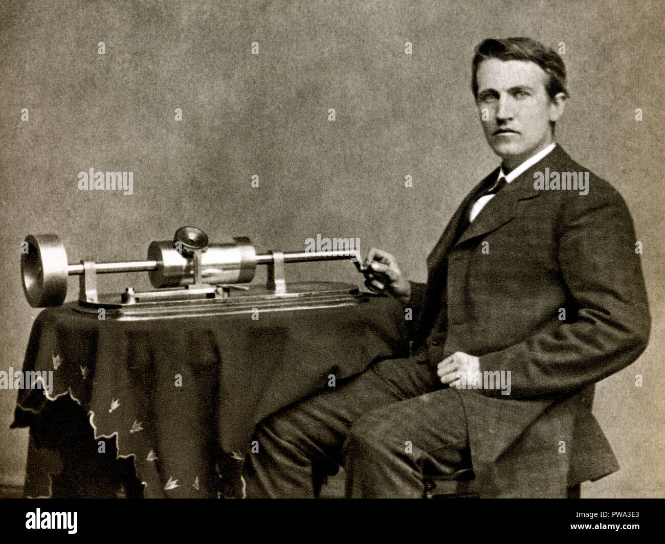 Thomas Edison, 1878 photograph of the American businessman and inventor with his new phonograph taken by Mathew Brady Stock Photo