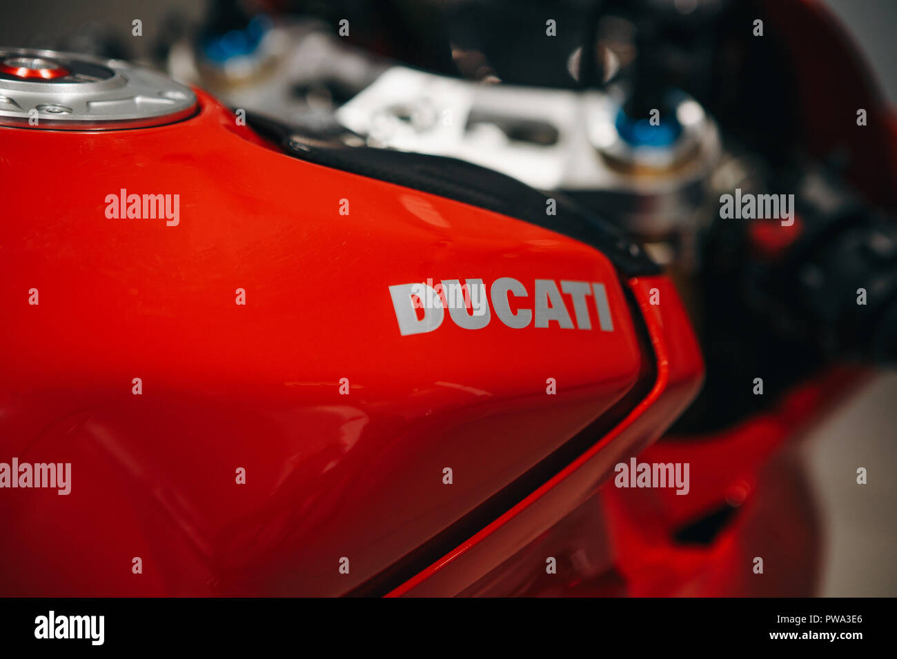 Berlin, August 29, 2018: Close-up. Emblem of Dukati on a sport red motorcycle. The world-famous Italian company producing sports motorcycles. Stock Photo