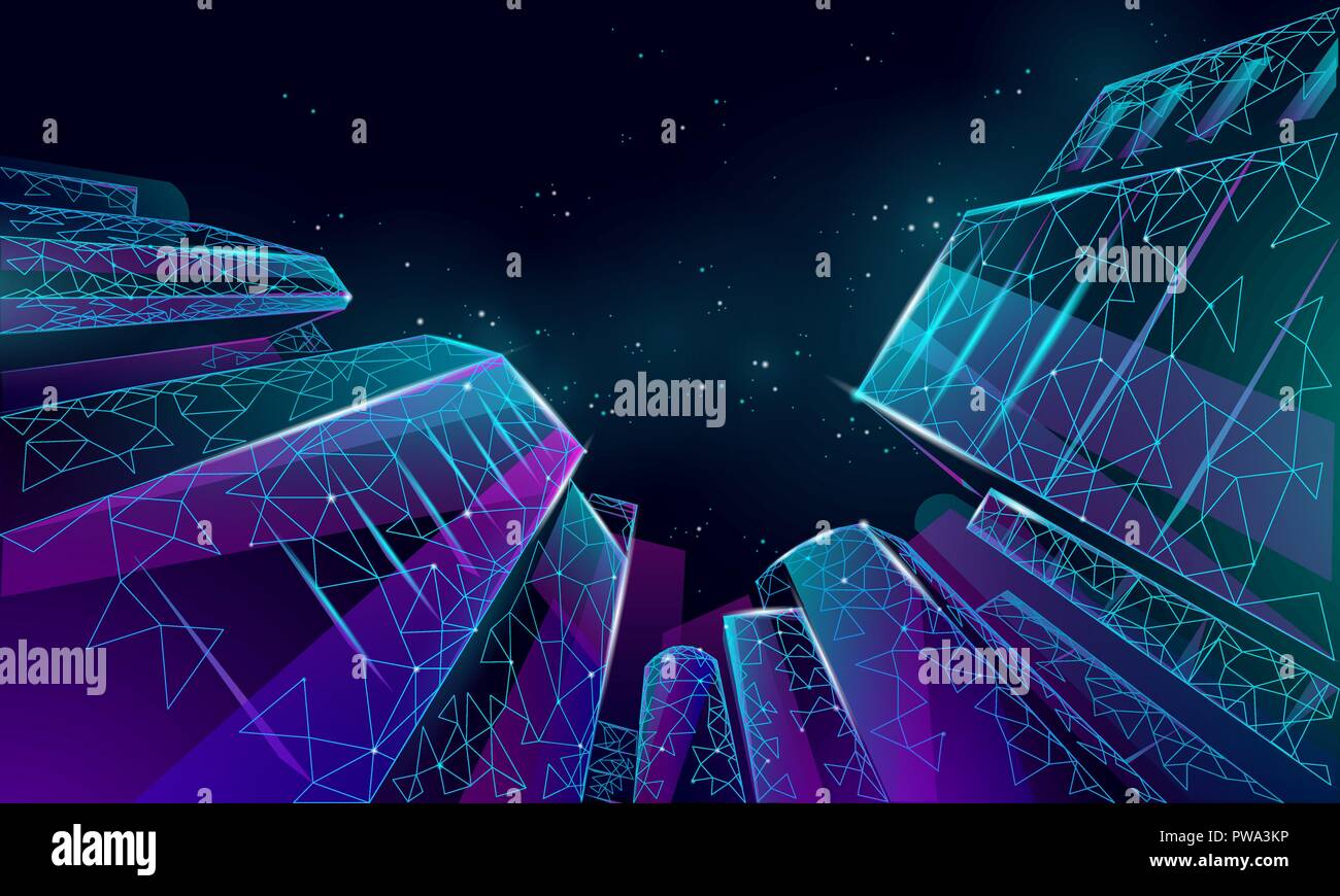 Polygonal low angle business modern glass buildings. Skyscrapers high rise reach sky city scenery. Finance banking futuristic office concept. Starry dark night sky from below vector illustration Stock Vector