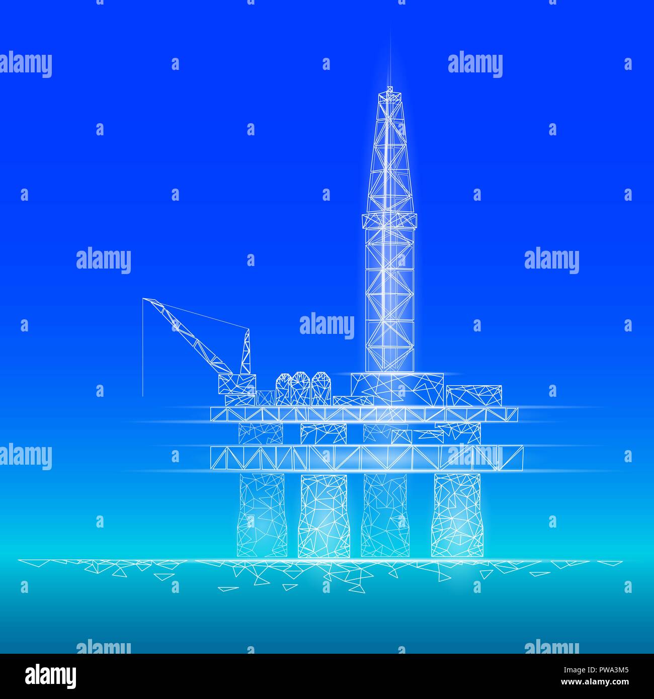 Ocean oil gas drilling rig low poly business concept. Finance economy polygonal petrol production. Petroleum fuel industry offshore extraction derricks line connection dots blue vector illustration Stock Vector
