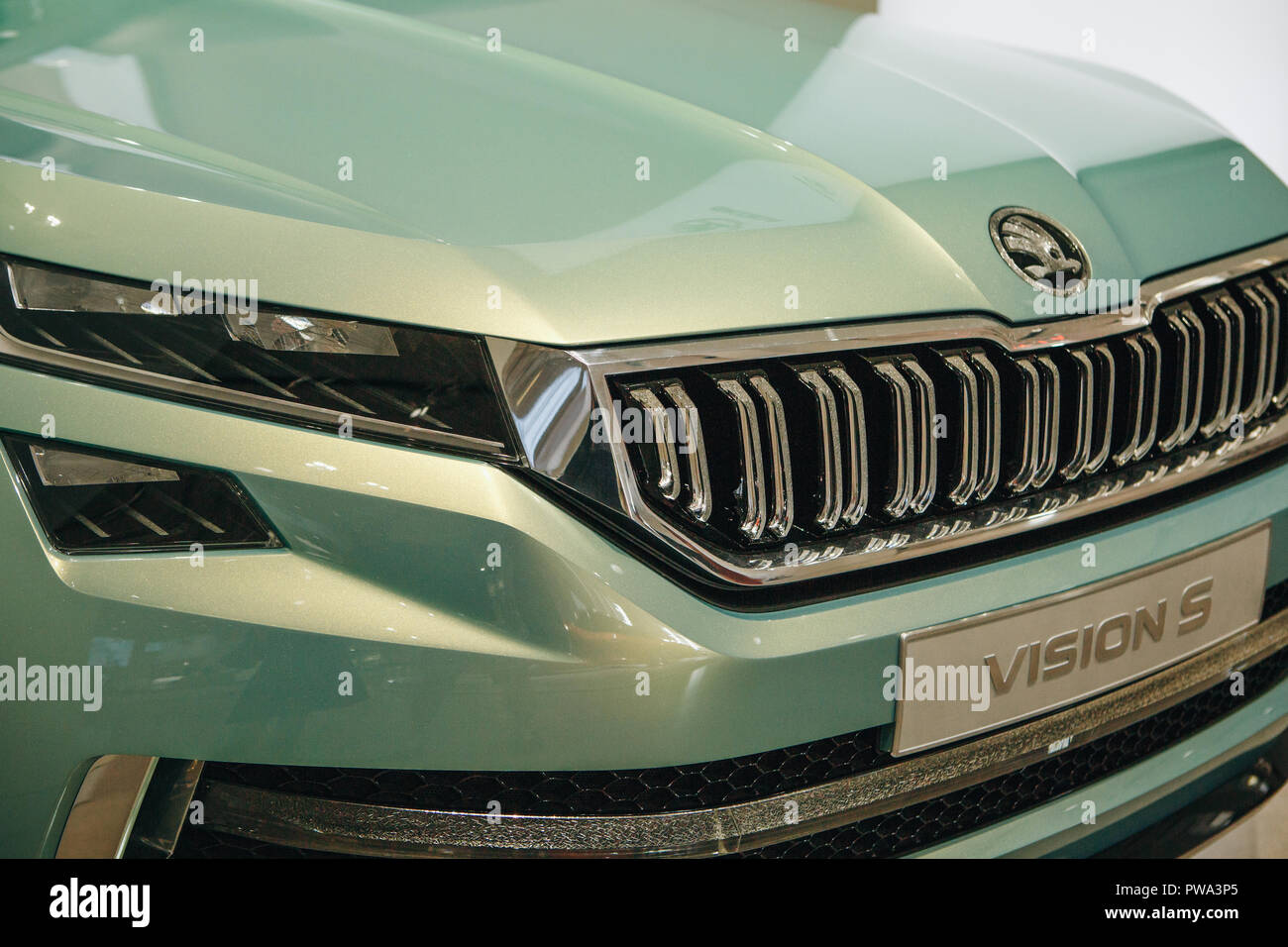 Berlin, August 29, 2018: Close-up front part of a new car Skoda Vision S. Stock Photo