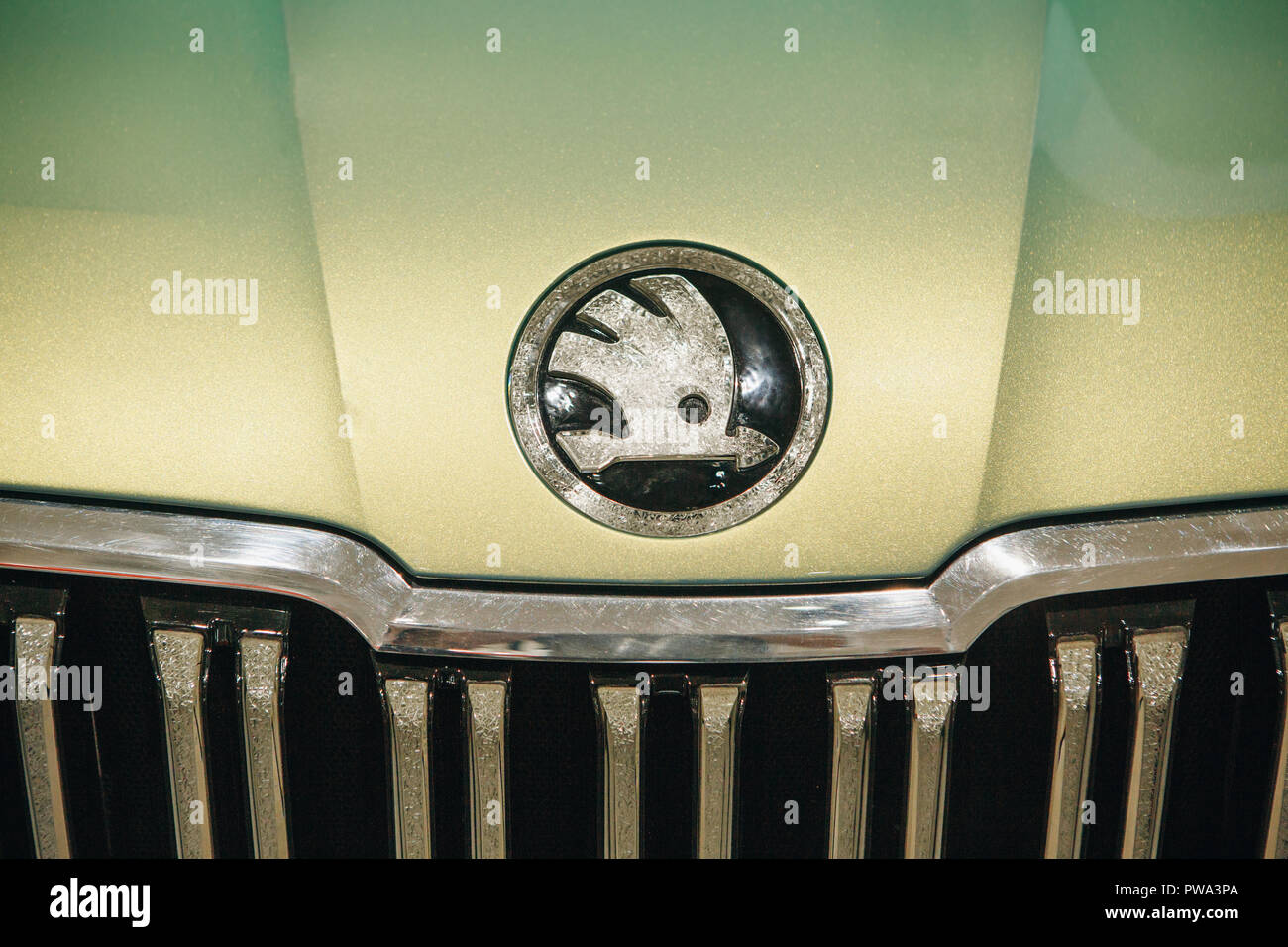 Berlin, August 29, 2018: Close-up front part of a new car Skoda Vision S. Skoda emblem. Stock Photo