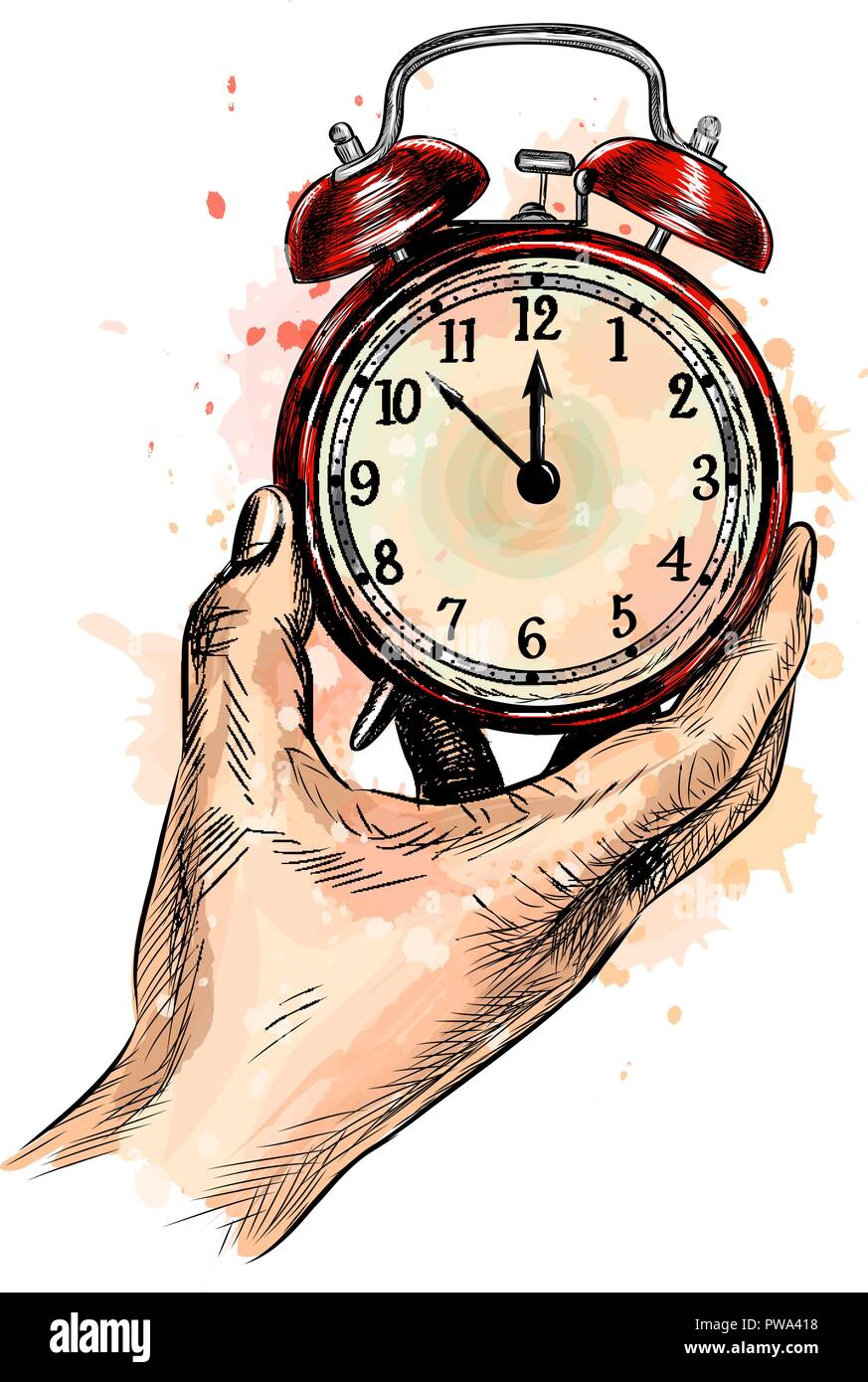 Alarm clock analog classic vintage style from a splash of watercolor