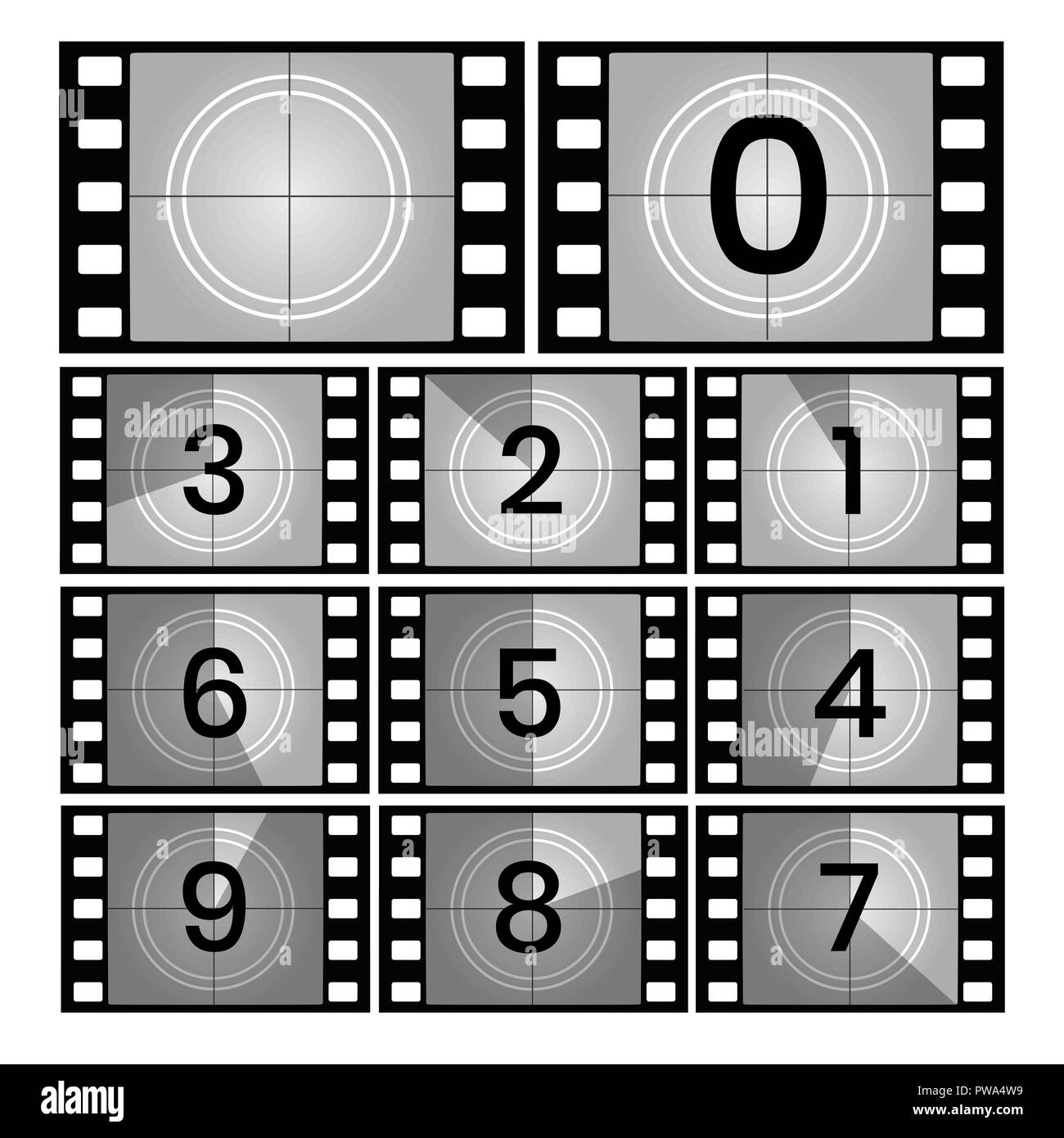 Movie count. Retro film countdown frames, old cinema filmstrip count