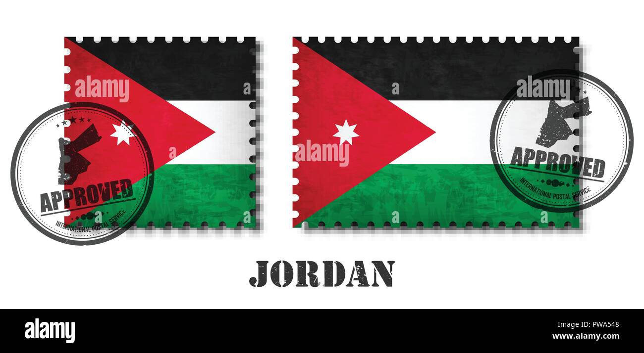 Jordan or Jordanian flag pattern postage stamp with grunge old scratch texture and affix a seal on isolated background . Black color country name with Stock Vector