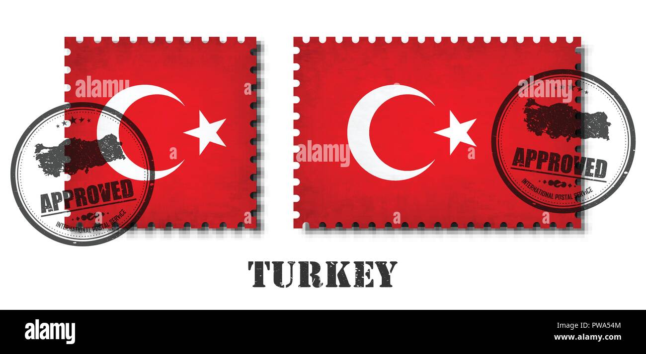 Turkey or turkish flag pattern postage stamp with grunge old scratch texture and affix a seal on isolated background . Black color country name with a Stock Vector