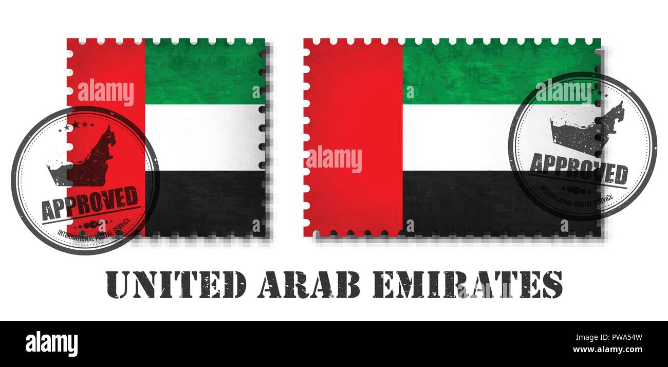 United arab emirates flag pattern postage stamp with grunge old scratch texture and affix a seal on isolated background . Black color country name wit Stock Vector