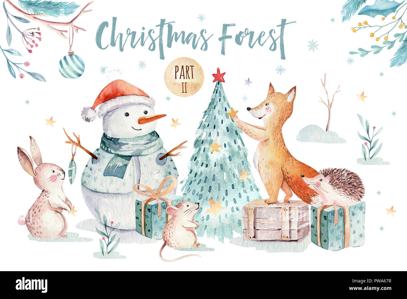 Illustration Cute christmas watercolor fox.