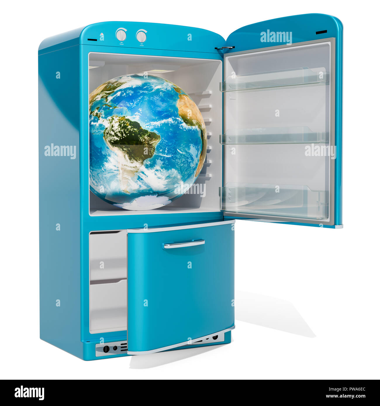 Earth Globe inside refrigerator, 3D rendering isolated on white