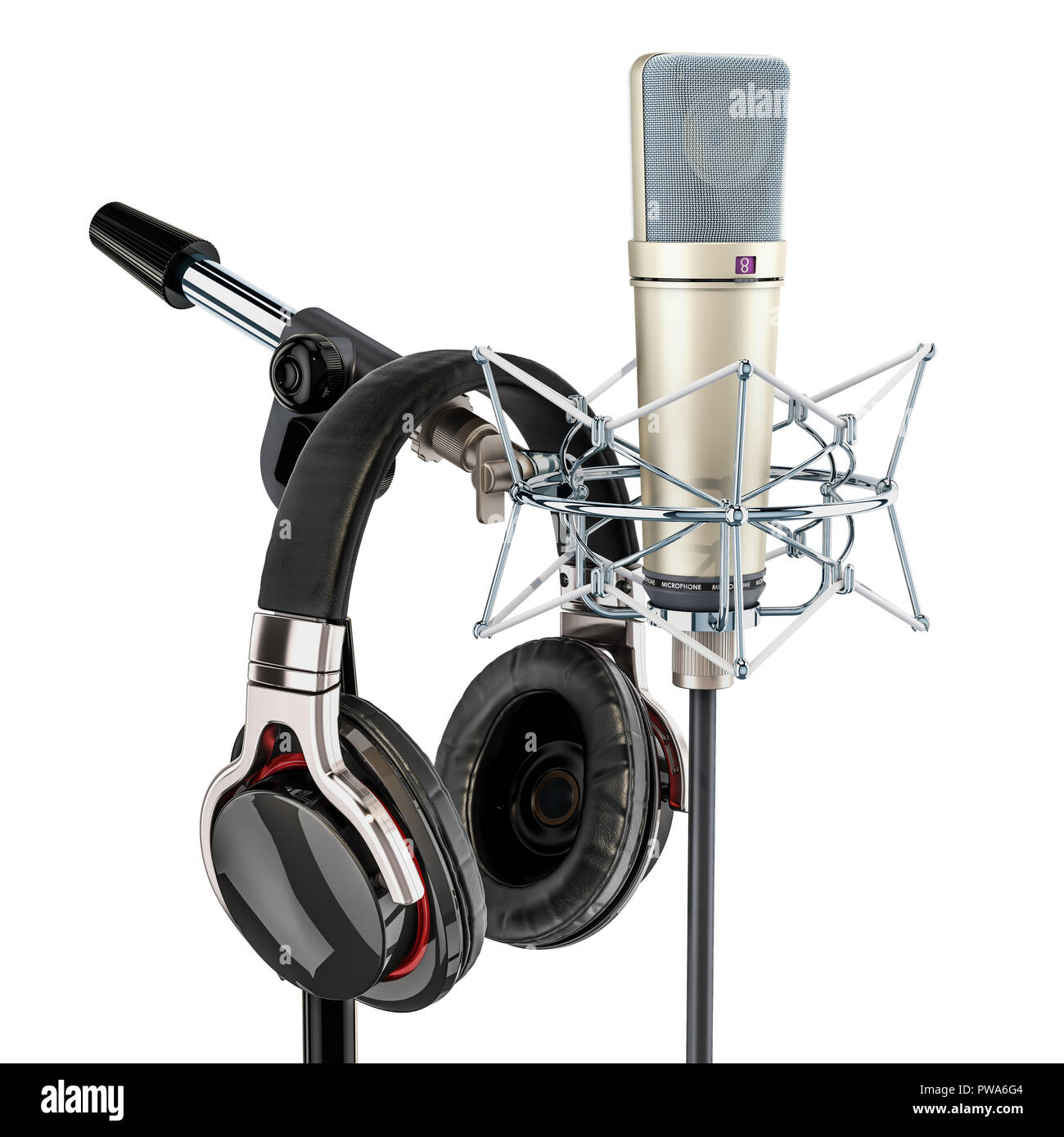 Headphones and diaphragm condenser studio microphone with shock-mount, 3D  rendering isolated on white background Stock Photo - Alamy